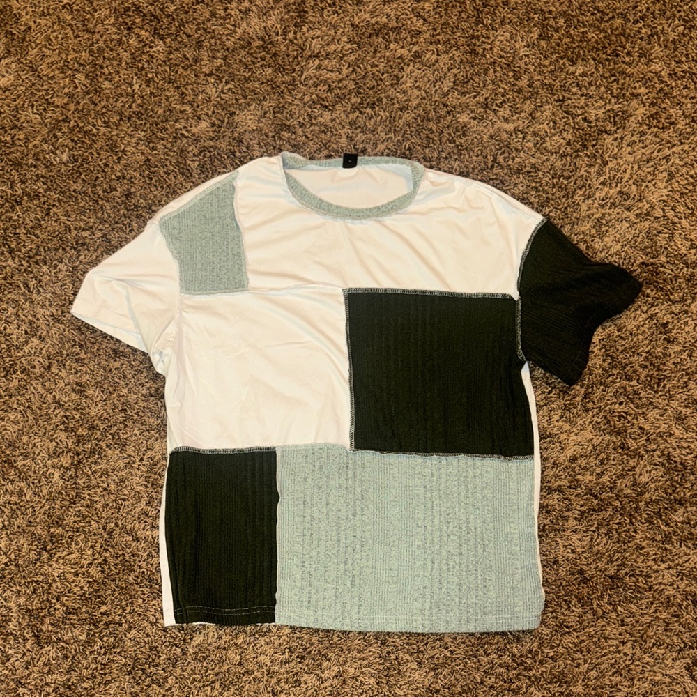 SHEIN Patchwork Short Sleeve Tee in White, Black, and Light Blue
